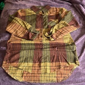 Yellow and Green Buttoned Raglan Sleeve Shirt Dress